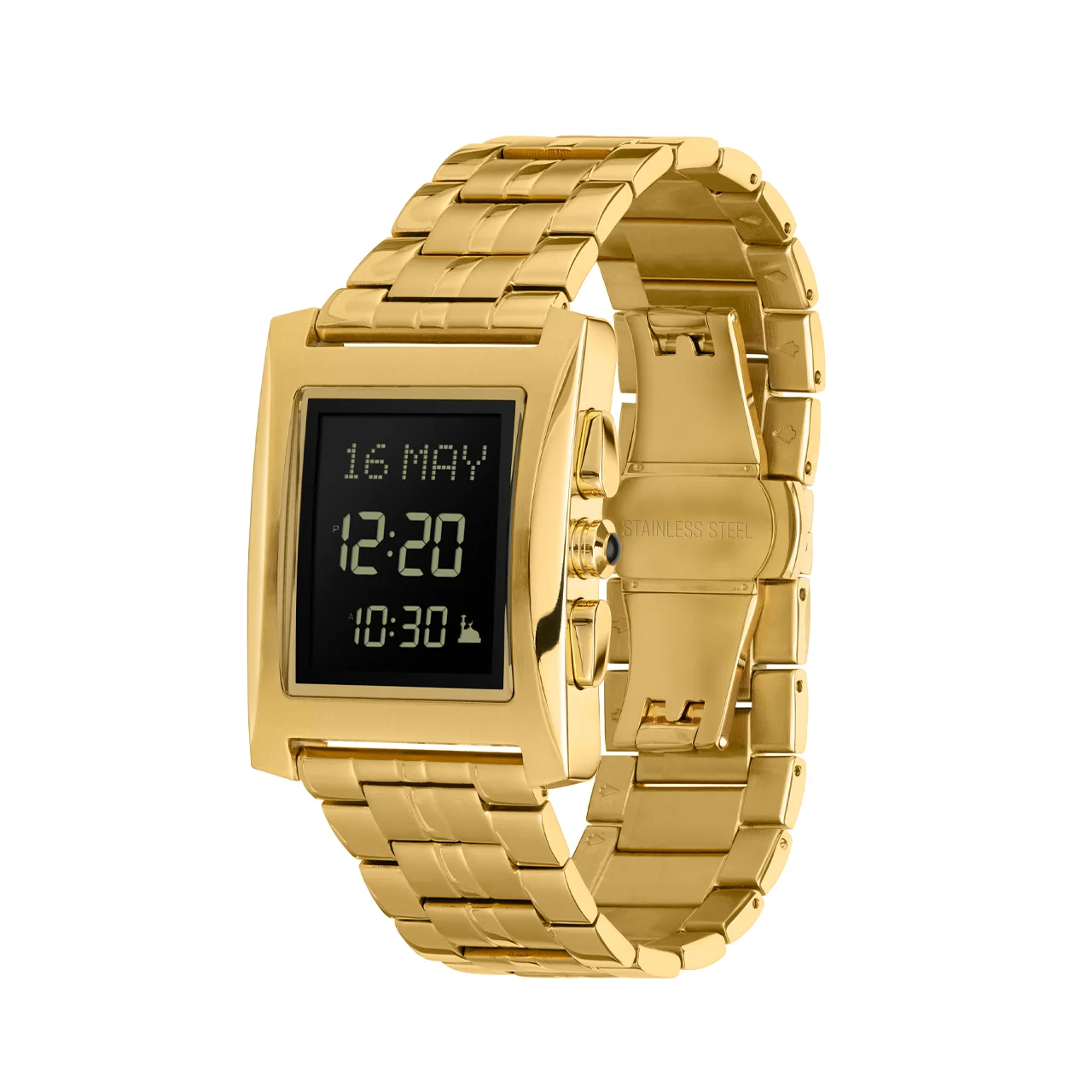 wl-08S_alfajr_classic_watch_Gold_angle ساعة الفجر الكلاسيكية مستطيل سوار وهيكل ستانلس ستيل لون ذهبي - Alfajr Classic Watch Rectangular Stainless Steel Watch and Band Gold Color – תמונה 1