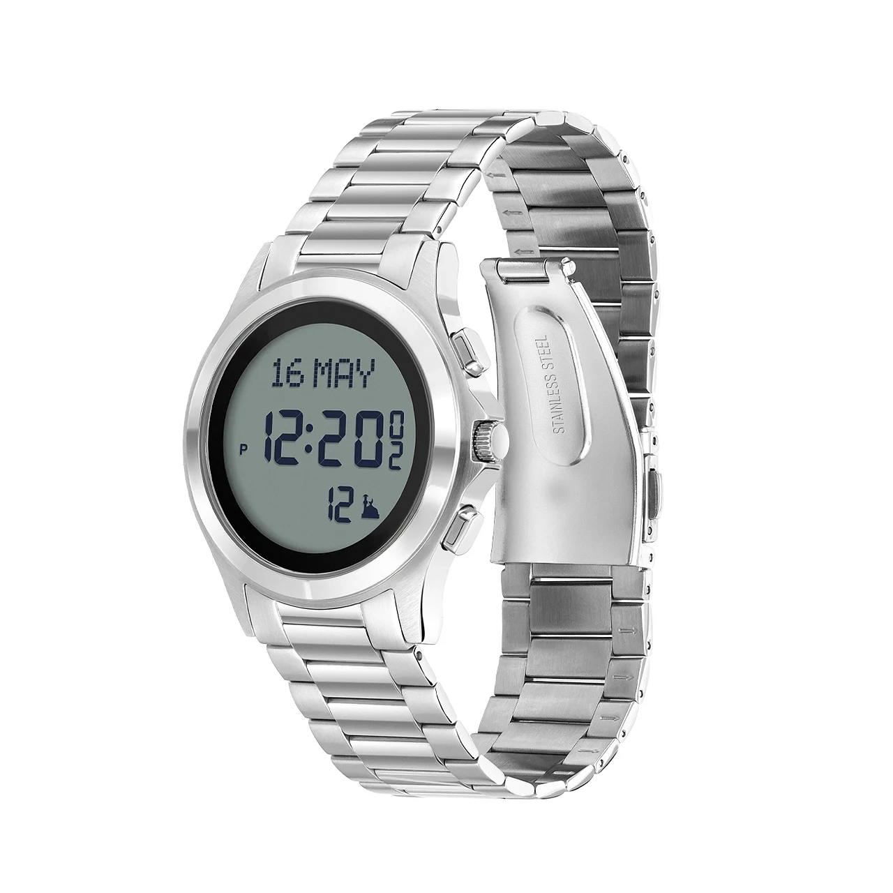 wr-02s_alfajr_classic_watch_Silver_angle-2 ساعة الفجر الكلاسيكية دائري سوار وهيكل ستانلس ستيل لون فضي - Alfajr Classic Watch Round Stainless Steel Watch and Band Silver Color – תמונה 1