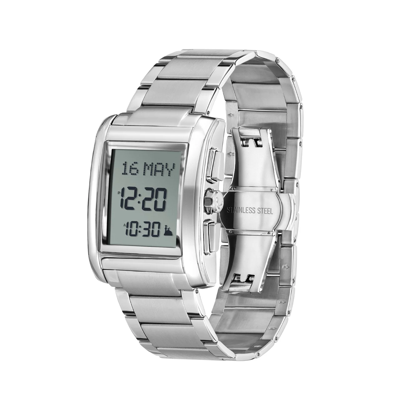 ws-06S_alfajr_classic_watch_Silver_angle ساعة الفجر الكلاسيكية مستطيل سوار وهيكل ستانلس ستيل لون فضي - Alfajr Classic Watch Rectangular Stainless Steel Watch and Band Silver Color – תמונה 1
