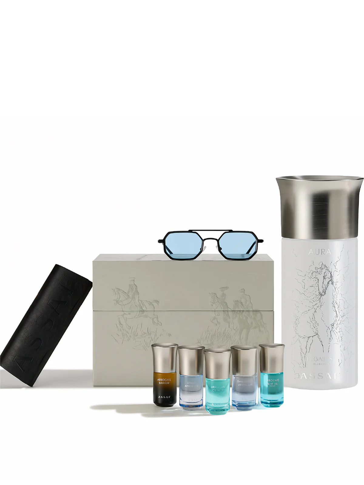 AuraCollection-Assaf-OtorAlSharqiyah0 סט אסאף אורה 35 פגסוס - Assaf Aura Collection 35 Pegasus Aura 150ML + Arrogate 5X10ML + Sunglasses – תמונה 1